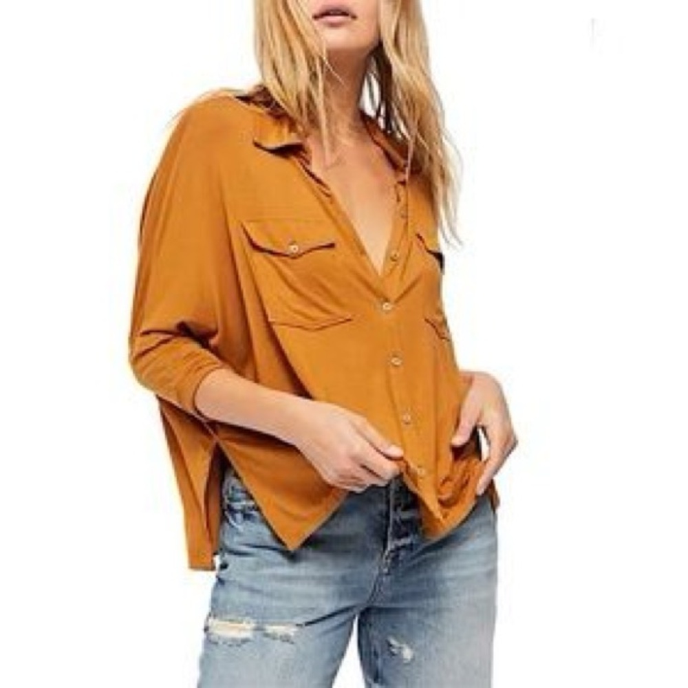 We The Free Free People Andy Button Down Oversized Shirt Rust Brown Large